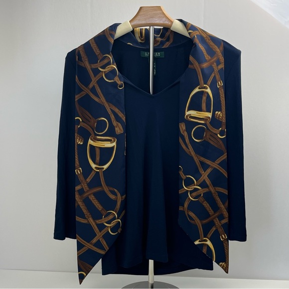 Lauren Ralph Lauren Equestrian Bridle Print Scarf Blue Gold Top Petite Small - Picture 1 of 12